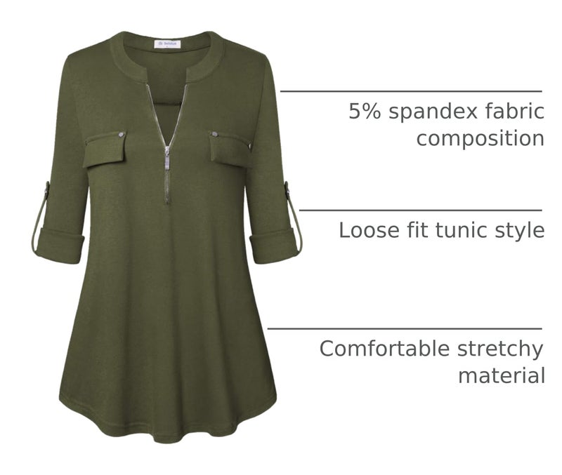 Bulotus Women's Plus Size Solid 3/4 Sleeve Zipper Top Casual Shirt,Green,XX-Large - Image 4